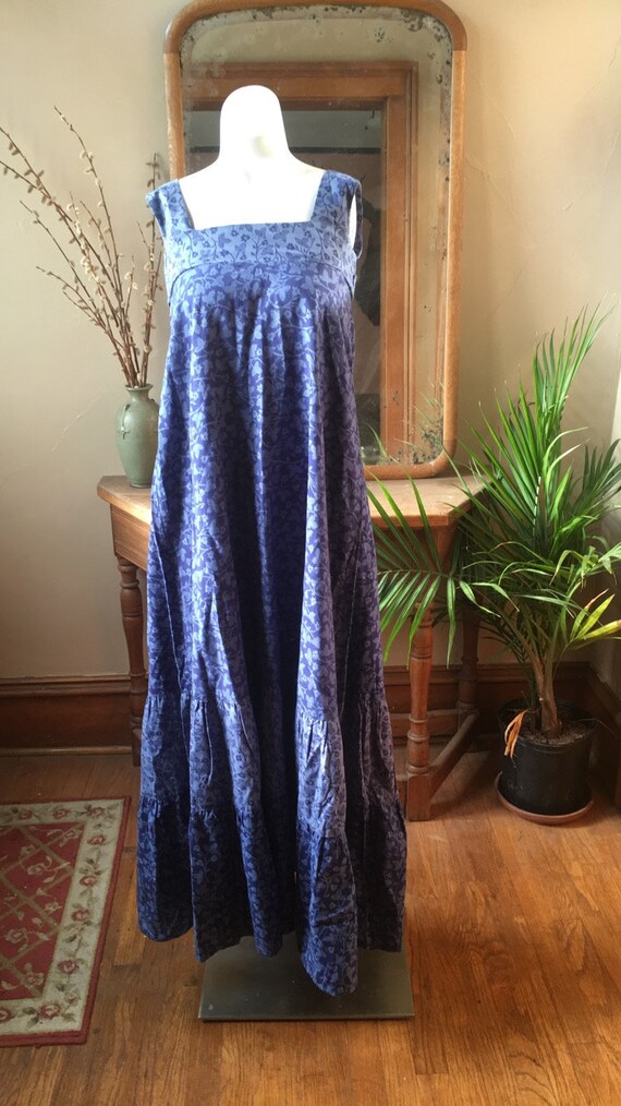 Vintage 1970's Blue floral Cotton Maxi Dress with… - image 1