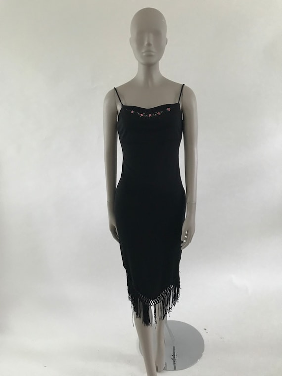 Vintage 1990's Black Slinky Stretch Cocktail Dress With Fringe Hem and Rose  Detail, Spaghetti Straps, Size Medium 