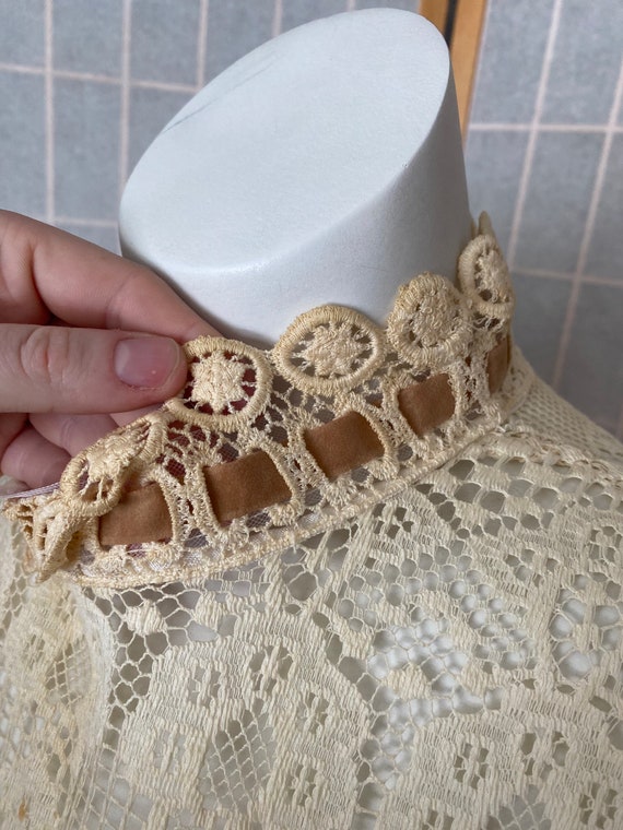 Vintage 1970’s cream eyelet lace sheer dress with… - image 4