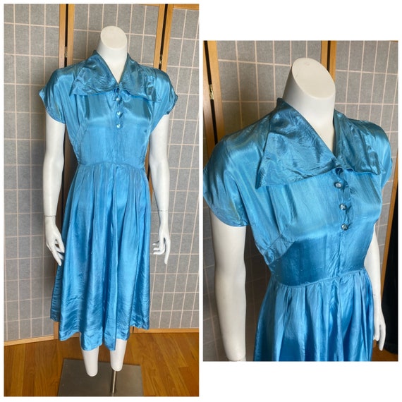 Vintage 1950’s sky blue satin dress with round gl… - image 1