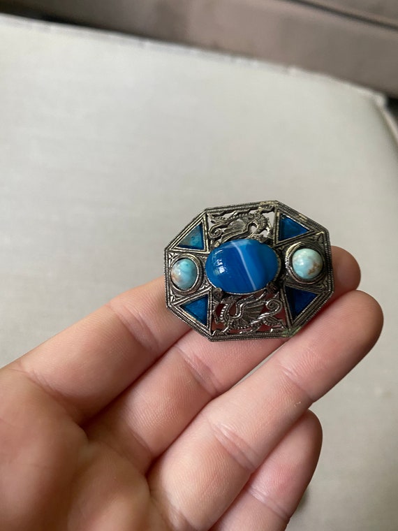 Vintage 1980's Silver And Blue Stone Brooch