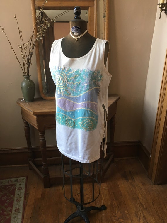 Vintage 1980's, 1990's White Cut Off Tank Top, Si… - image 1
