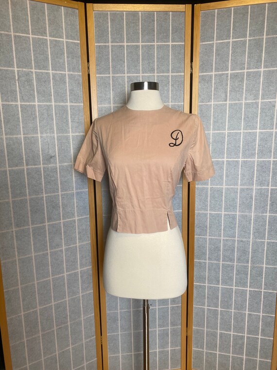 Vintage 1950’s pink tan short sleeve embroidered … - image 1