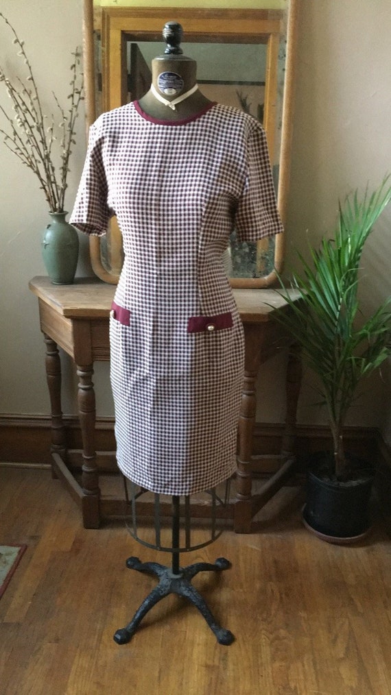 Vintage 1980's Maroon Red and White Small Gingham