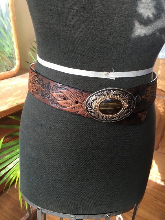 Vintage Tooled Leather Belt with Stone Belt Buckle