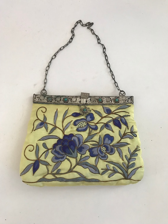 Vintage yellow and blue embroidered satin bag met… - image 1