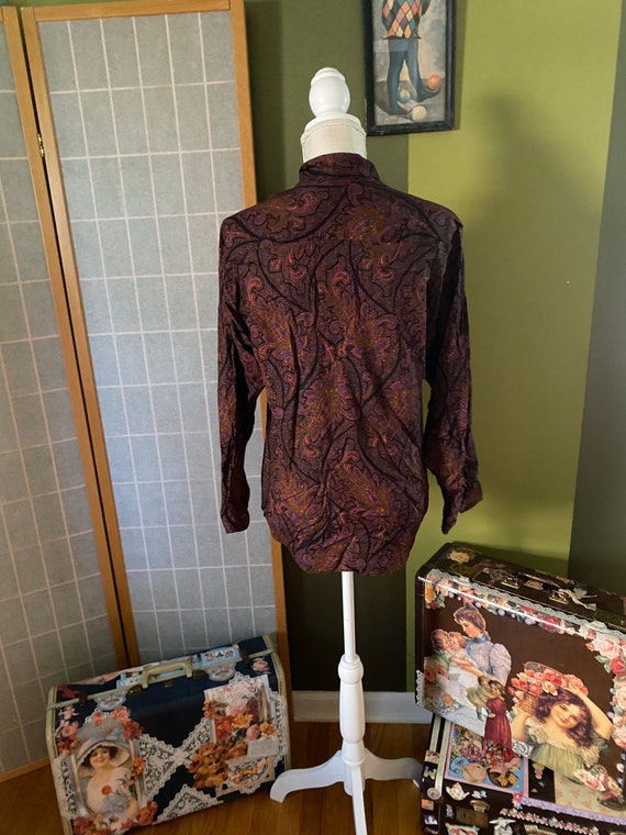 Vintage 1980’s purple paisley long sleeve blouse,… - image 5