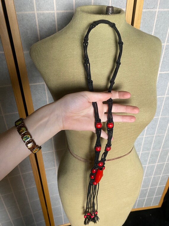 Vintage 1980’s black rope long necklace with red … - image 3