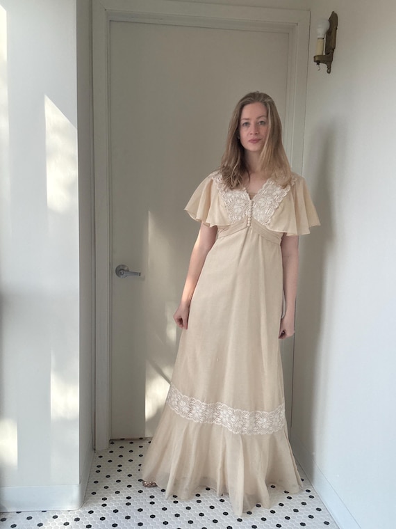 beige peasant dress Vintage 1970’s and white lace maxi with fluttery sleeves, size medium Casual Material __Type_Product Larger Bust? These 21 Dress style:No Train