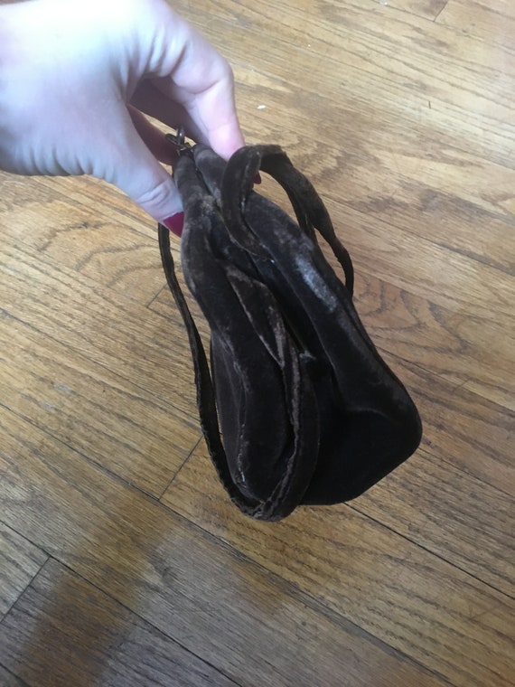 Vintage 1940's Brown Velvet Handbag, Purse - image 3