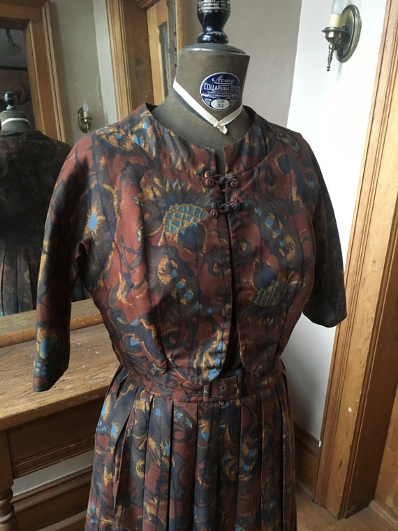 Vintage 1950's Brown and Blue Marcy Allen Dress w… - image 4