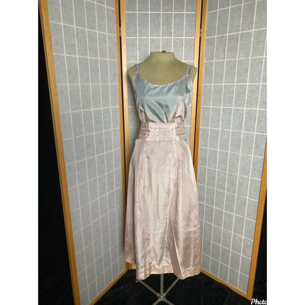 Vintage 1940’s pink and blue satin dress with ribbon belt cummerbund, size medium