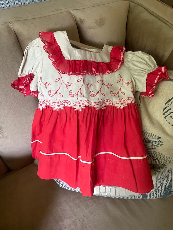 Vintage 1950's Red And White Little Girls Dress B… - image 1