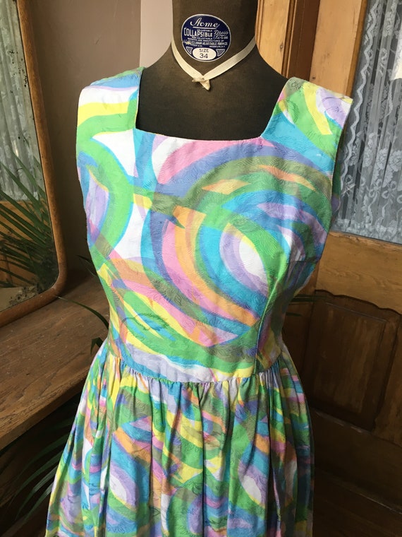 Vintage 1950's Rainbow Floral Embossed Day Dress, 