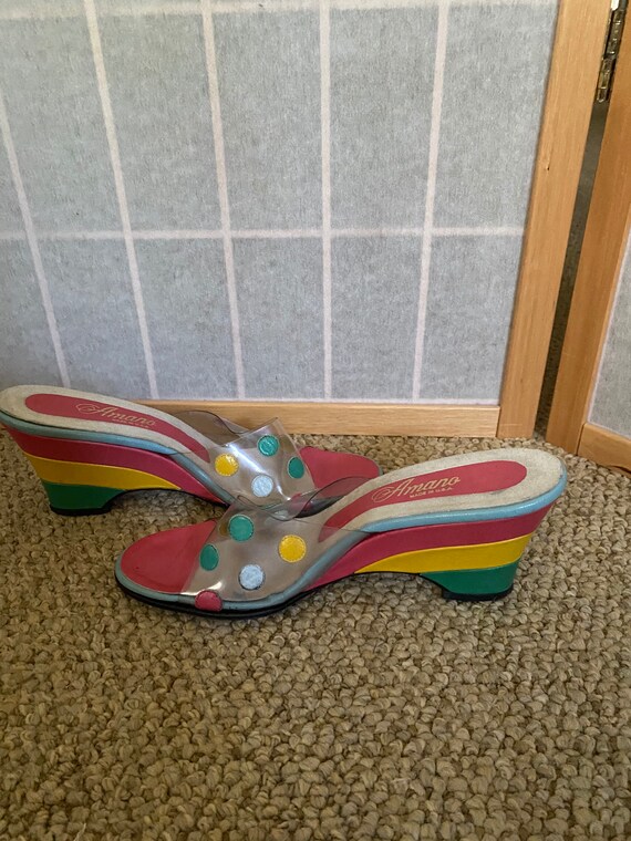 Vintage Pastel Rainbow Wedge Heels With Stripes and Polka Dots