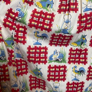 Vintage 1940s novelty print cotton puff sleeve ruffle dress with roosters and farms, size medium image 6