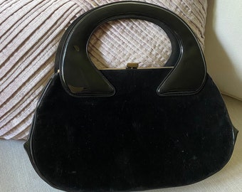 Vintage 1950's/60's Black Velvet And Vinyl Structured Handbag, Purse