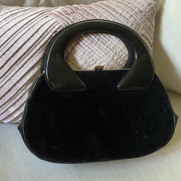 vintage 1960s printed velvet handbag LEWIS black velvet purse silver buckles