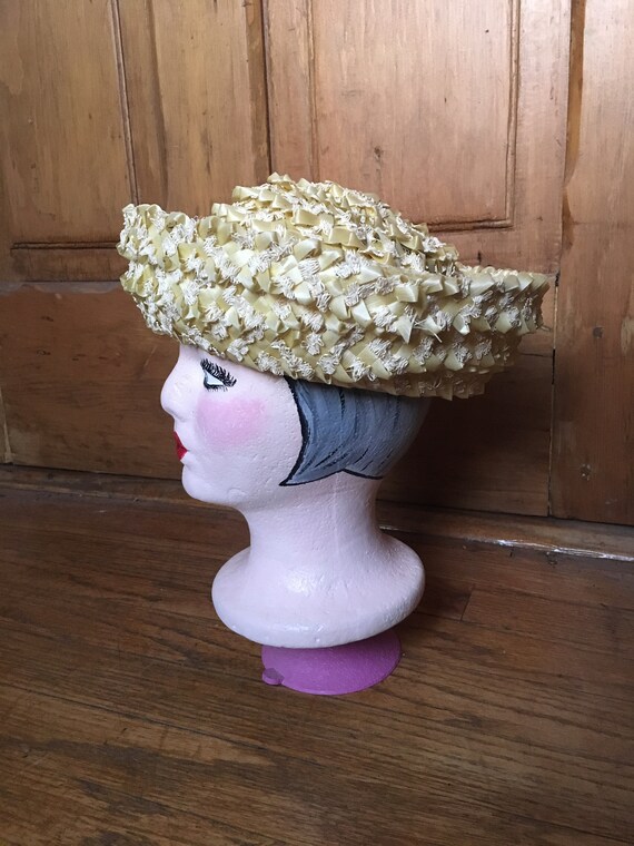 Vintage 1960 Tall Beige Yellow Woven Straw Hat - image 3