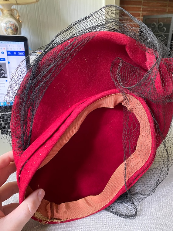 Vintage Antique Red Tall Full Hat With Veil, Halo hat Gem