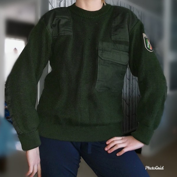 Vintage 1990's Army Green Wool Italian Polizei Pullover Sweater, Size Medium