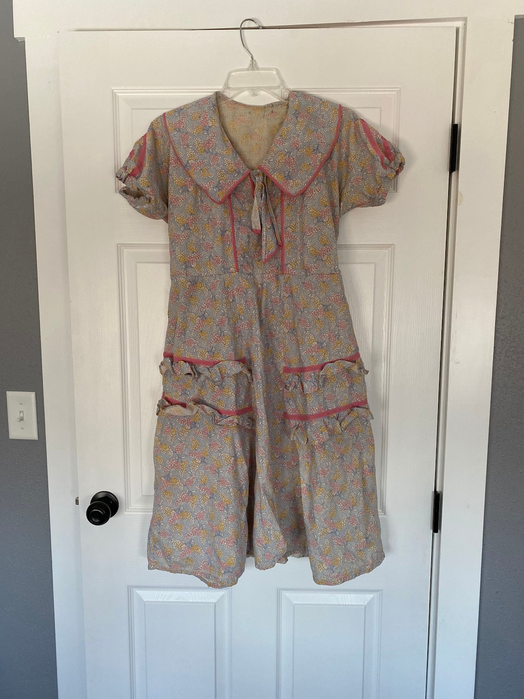 Vintage 1930s Blue Yellow And Pink Cotton Floral Feed Sack Dress With vintage-1930s-blue-yellow-and-pink-cotton-floral-feed-sack-dress-with