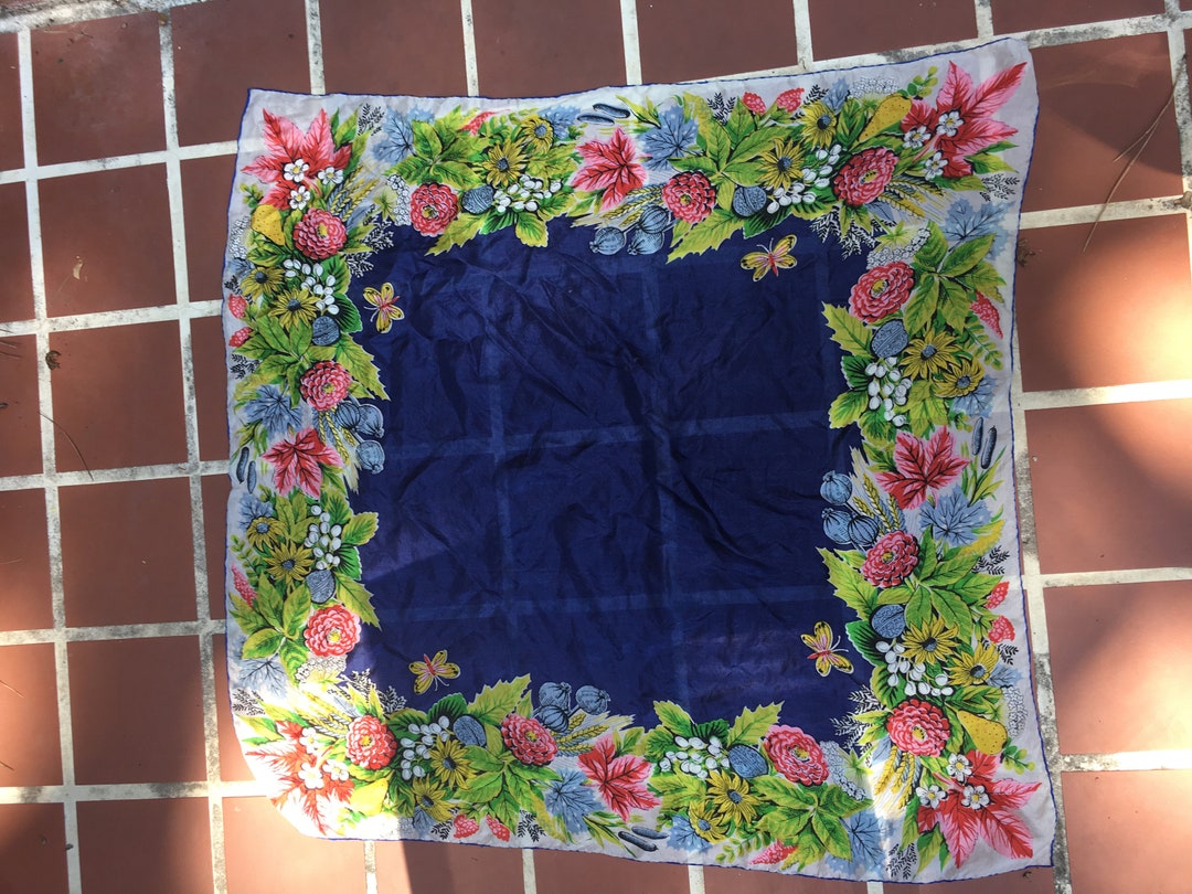 Foulard Carré Vintage En Soie - Motif Floral Bleu, Marron, Beige - Art Floral - 34 Cm