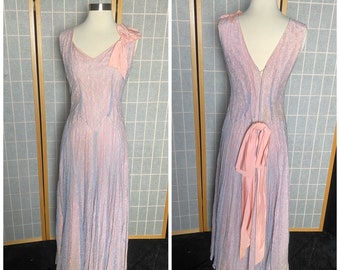 Vintage 1940’s blue lace and pink taffeta dress gown with large back bow, size small