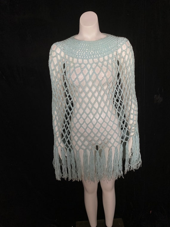 Vintage 1970’s light blue open knit fringe shawl, 