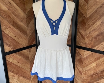 Vintage 1970’s white and blue sailor style halter top one piece skirt swimsuit, size medium