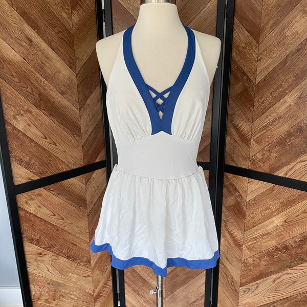 Vintage 1970’s white and blue sailor style halter top one piece skirt swimsuit, size medium