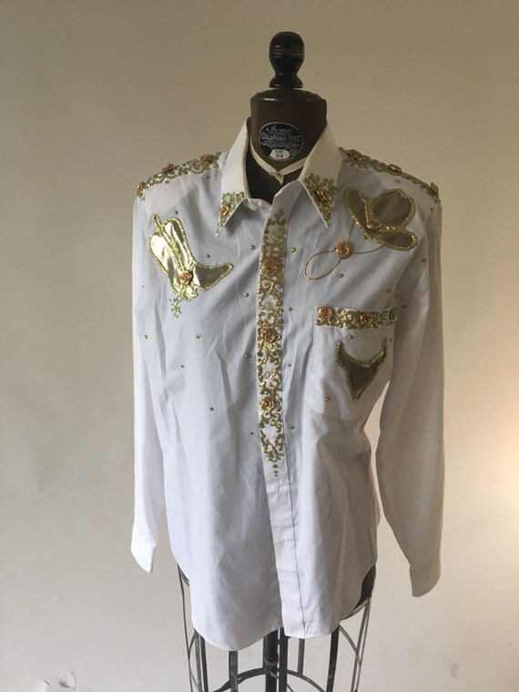 Vintage 1980's White Long Sleeve Gold Hand Painted