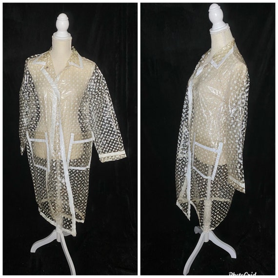 Vintage 1970’s clear vinyl raincoat with white po… - image 1