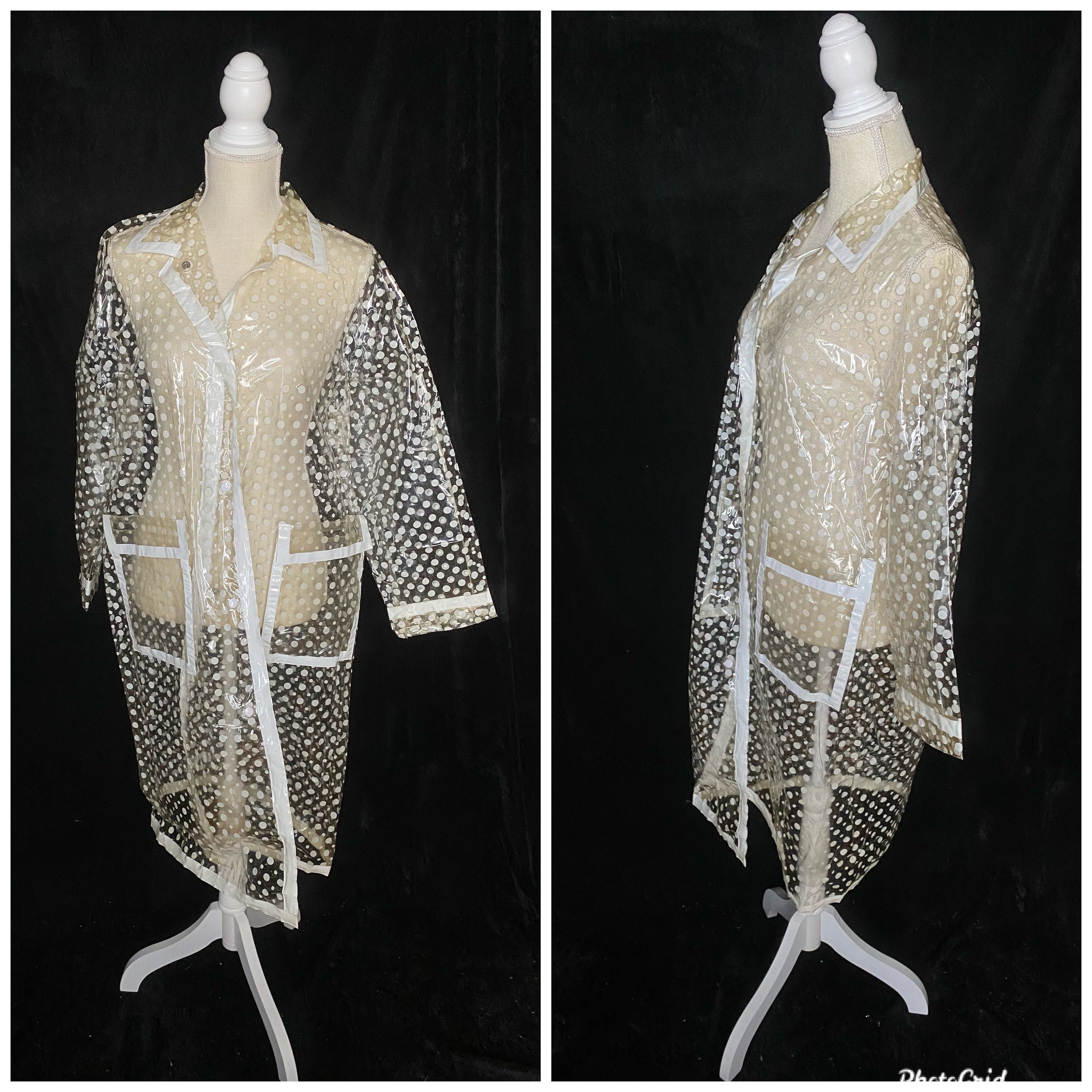 Vintage 1970 s clear vinyl raincoat with White polka dots size large
