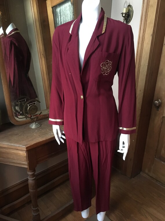 Vintage 1980's Two-Piece Burgundy and gold Suit, … - image 1