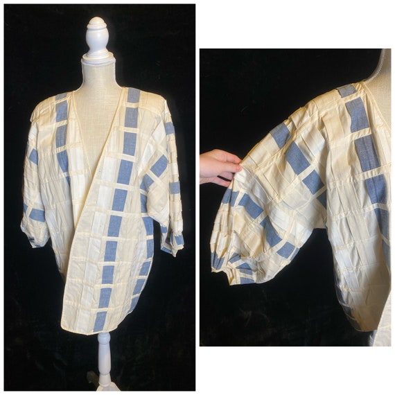 Vintage 1980’s white and blue linen woven strands… - image 1