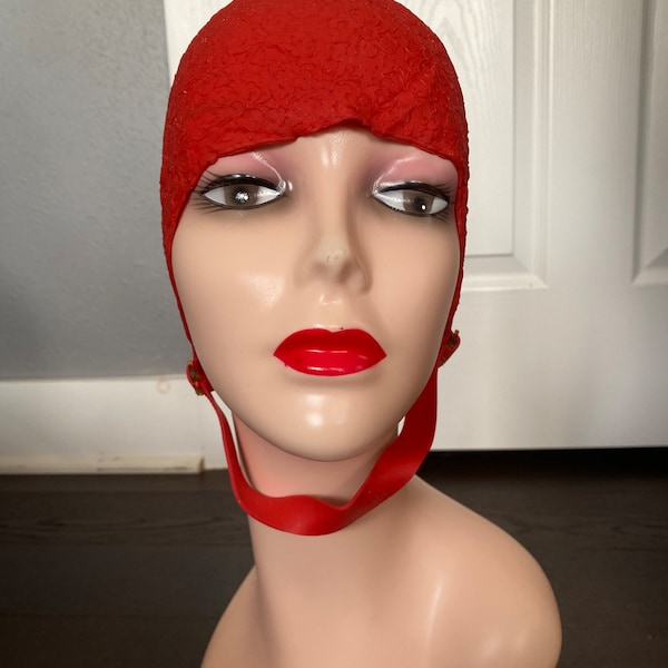 Vintage 1950’s red rubber floral swim cap with chin strap