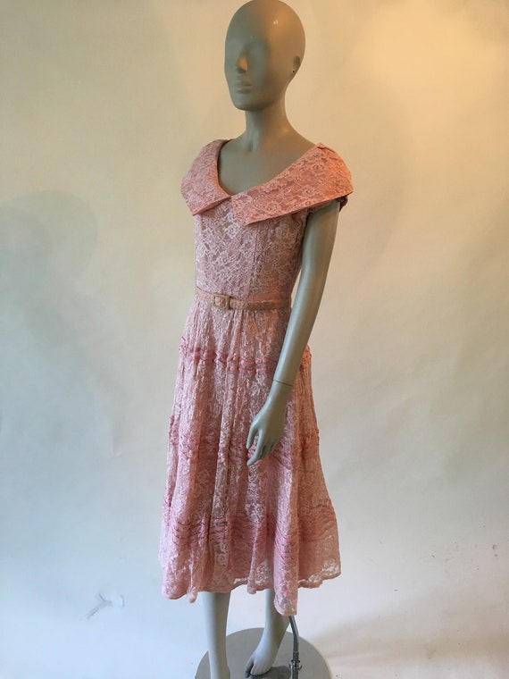 Vintage 1950's Pink Lace Tiered Dress with Matchi… - image 1