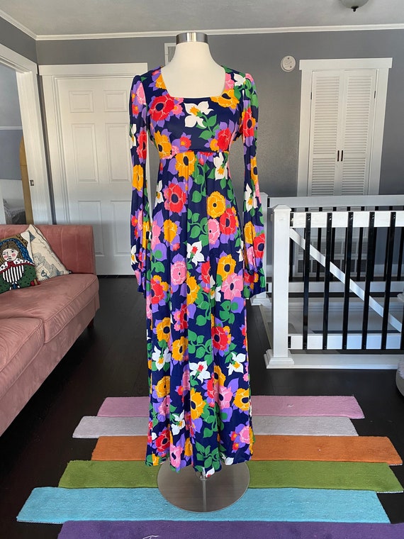 Vintage 1970’s colorful floral maxi dress with sq… - image 1