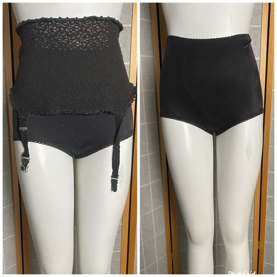 Vintage 1950s 1960s Black Girdle and Satin Panties, Size Small