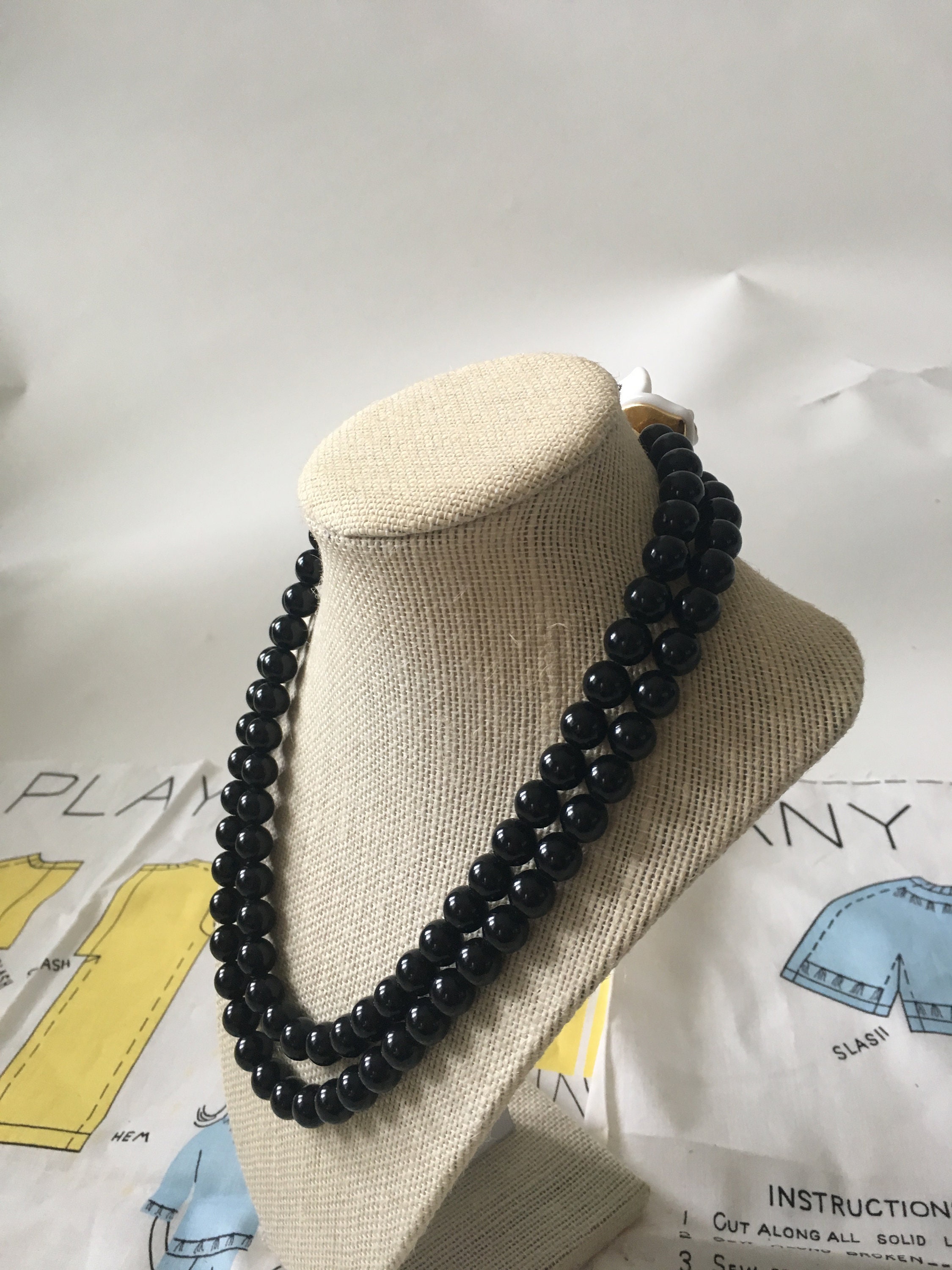 Vintage Black Two String Bead Necklace With Large White and Etsy UK