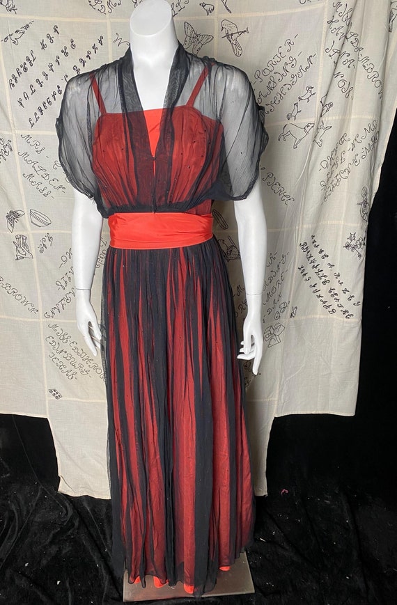 red dress with black sheer overlay Vintage 1940's Sheer Black and Coral Red Formal Party Dress, Size Medium