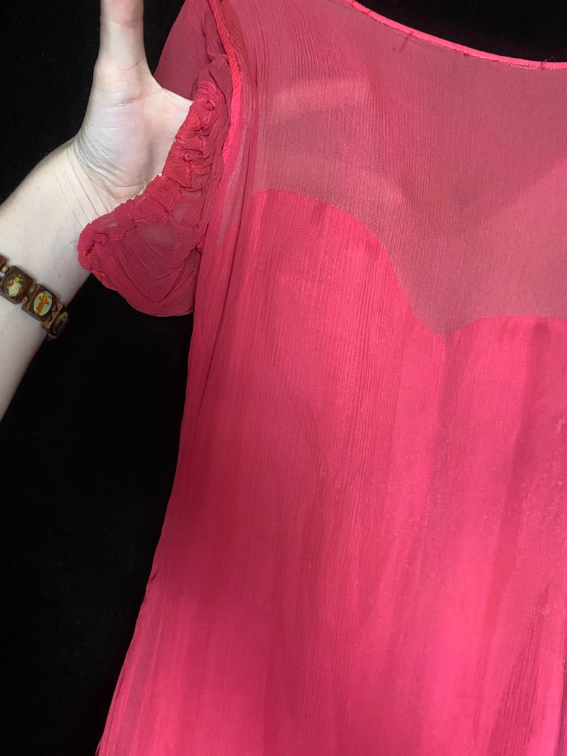 Vintage 1930s hot pink silk sheer chiffon dress with ruffle skirt, size xxs image 8