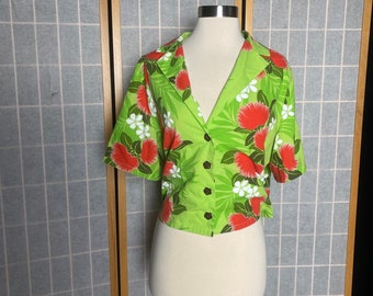 Vintage 1970’s green and red hawaiian floral button up shirt with coconut buttons, size xl