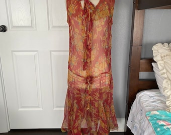 Vintage 1920’s sheer red and yellow floral flapper dress, size medium