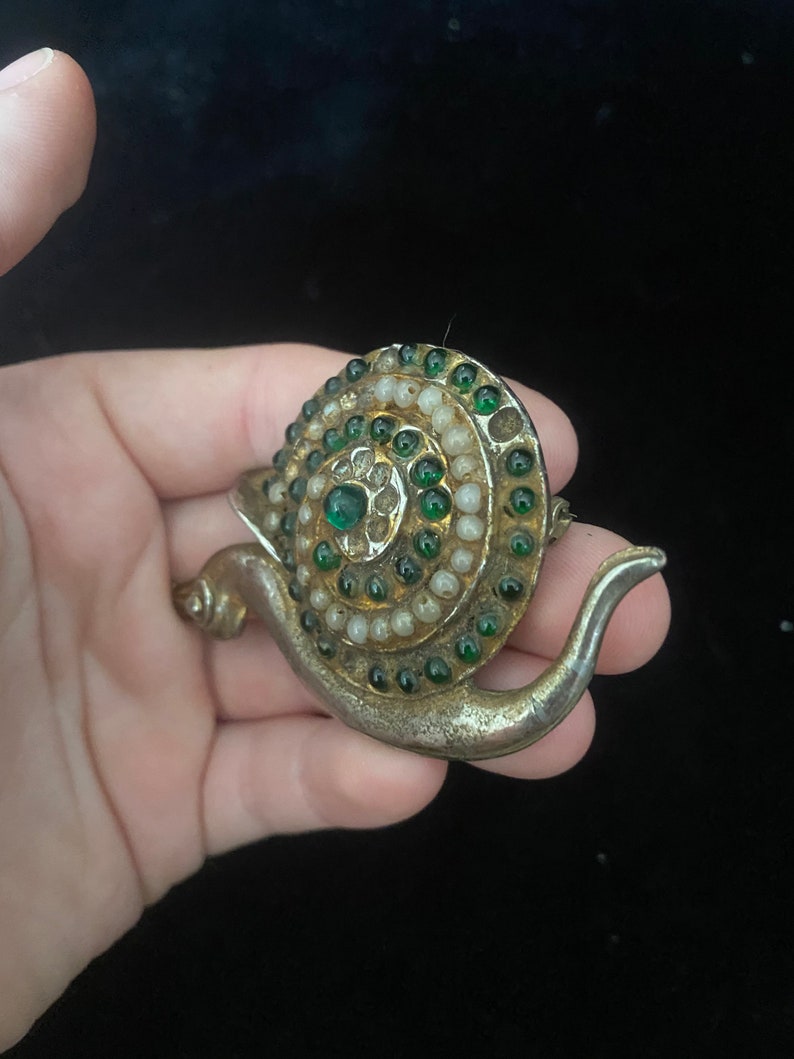 Vintage 1940\u2019s gold snail brooch with white and green beads
