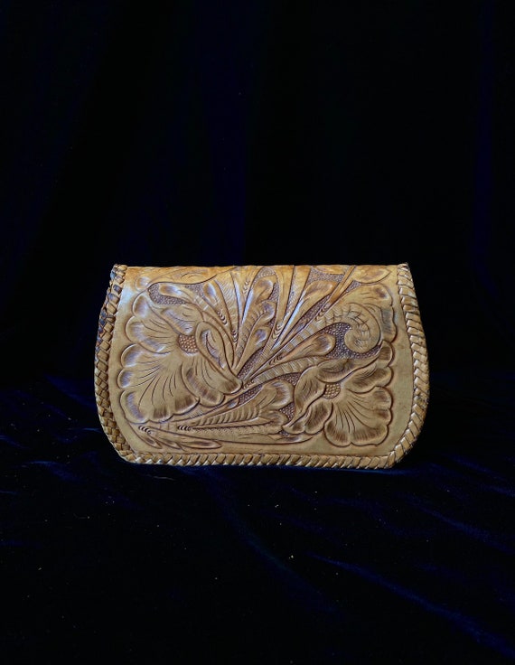 Vintage 1970’s embossed leather purse, tooled lea… - image 2