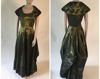 Vintage 1950's Green and Black Shiny Floral Full Length Formal Ball Gown Dress, Size XS