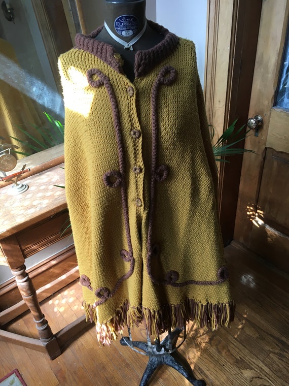 Vintage 1960's Yellow and Brown Knit Poncho