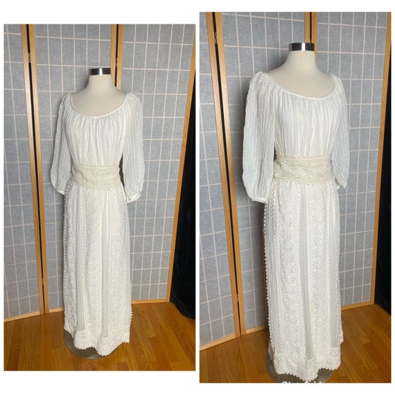 Vintage 1970’s white gauzy peasant maxi dress wit… - image 1